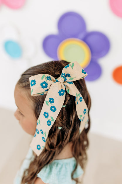 Blue Floral Longtail Bow
